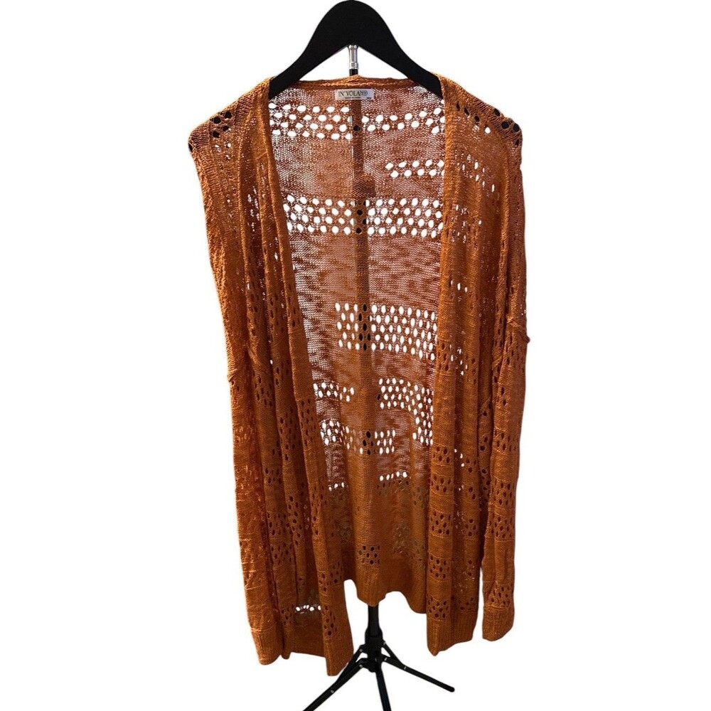 IN'VOLAND Plus Size 26W Open Knit Cardigan Rust Orange Long Sleeve Sweater